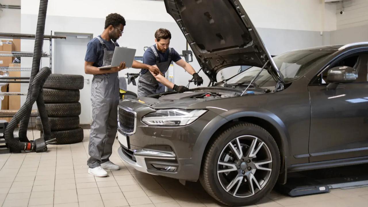 Two mechanics servicing a car