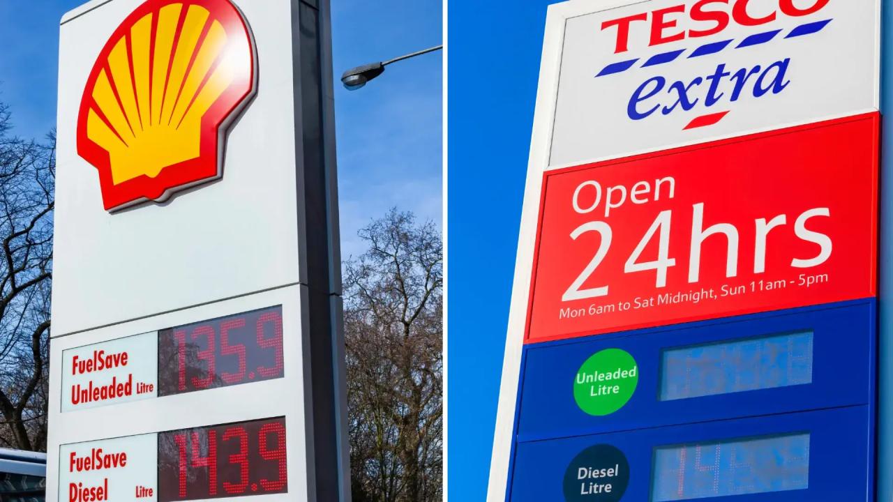 Shell and Tesco fuel boards side by side