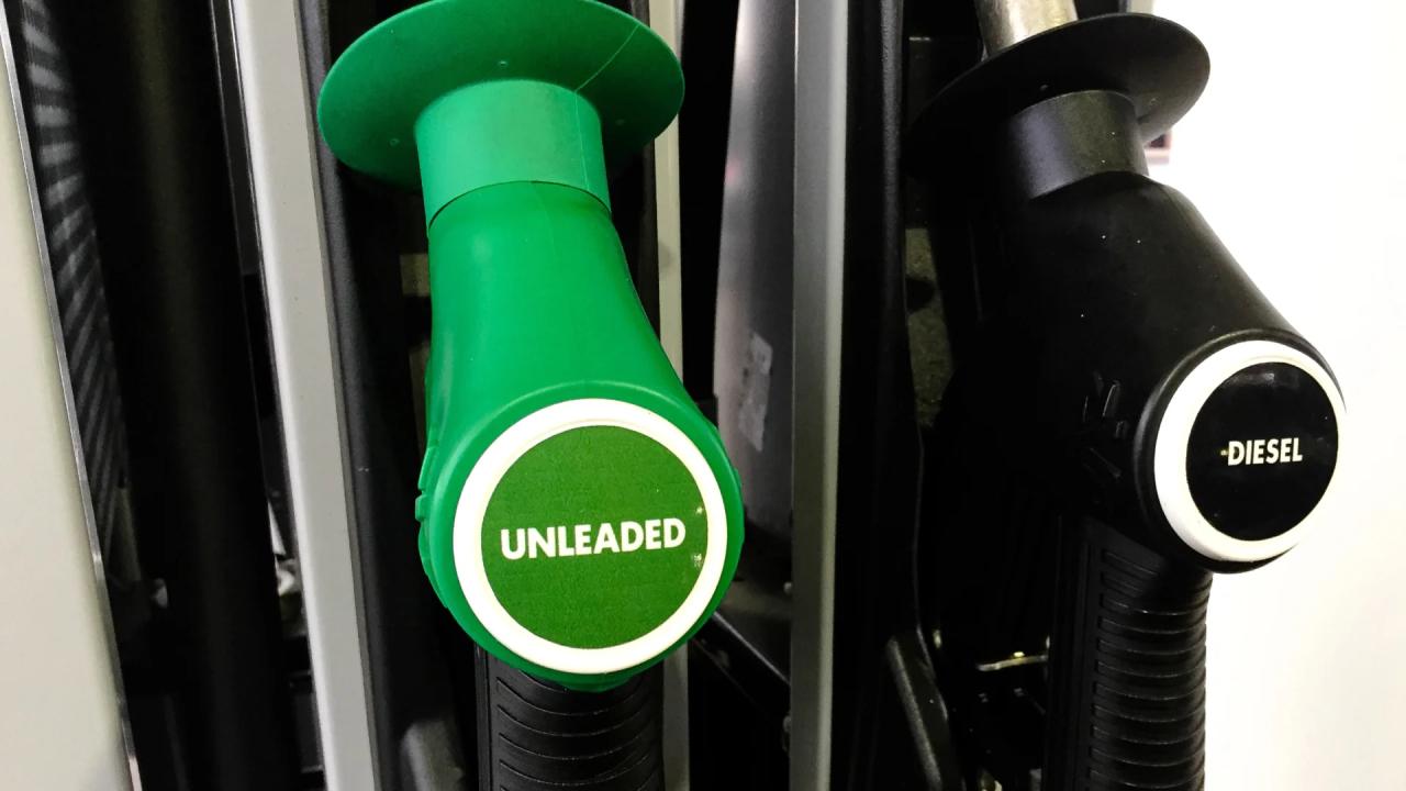 Close-up of a unleaded and diesel pump