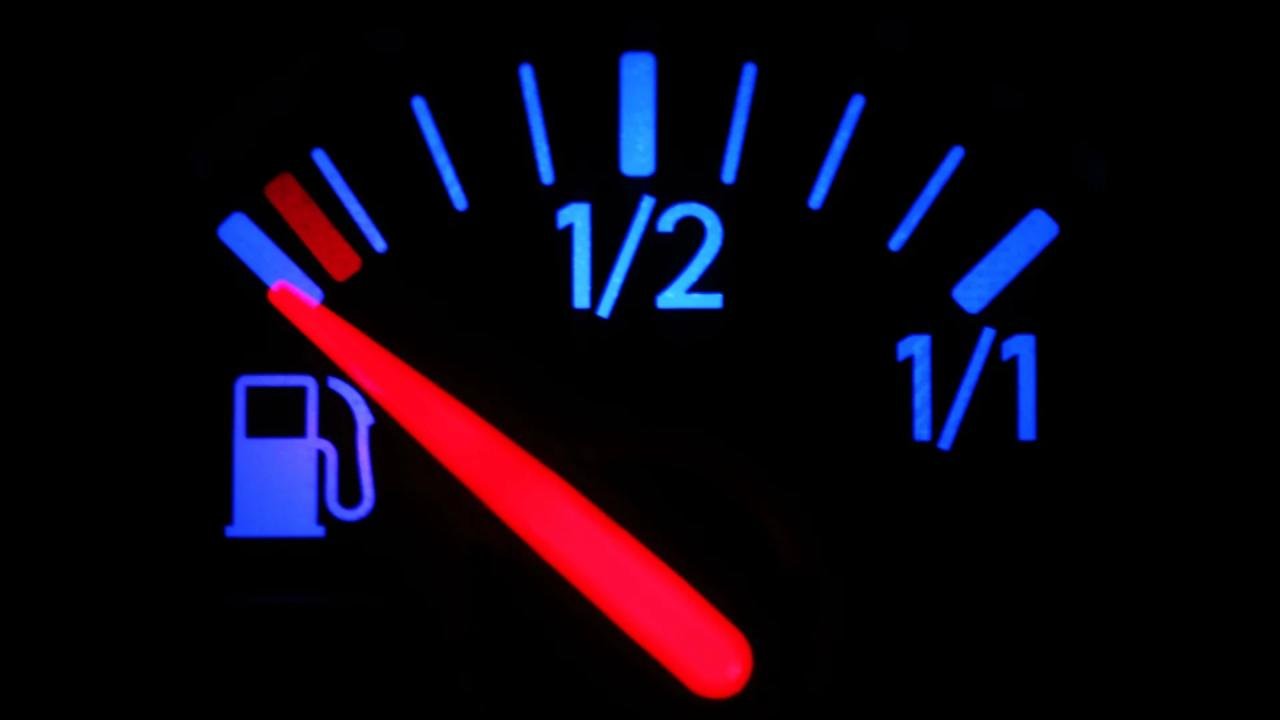 Close-up of a fuel gauge in a car